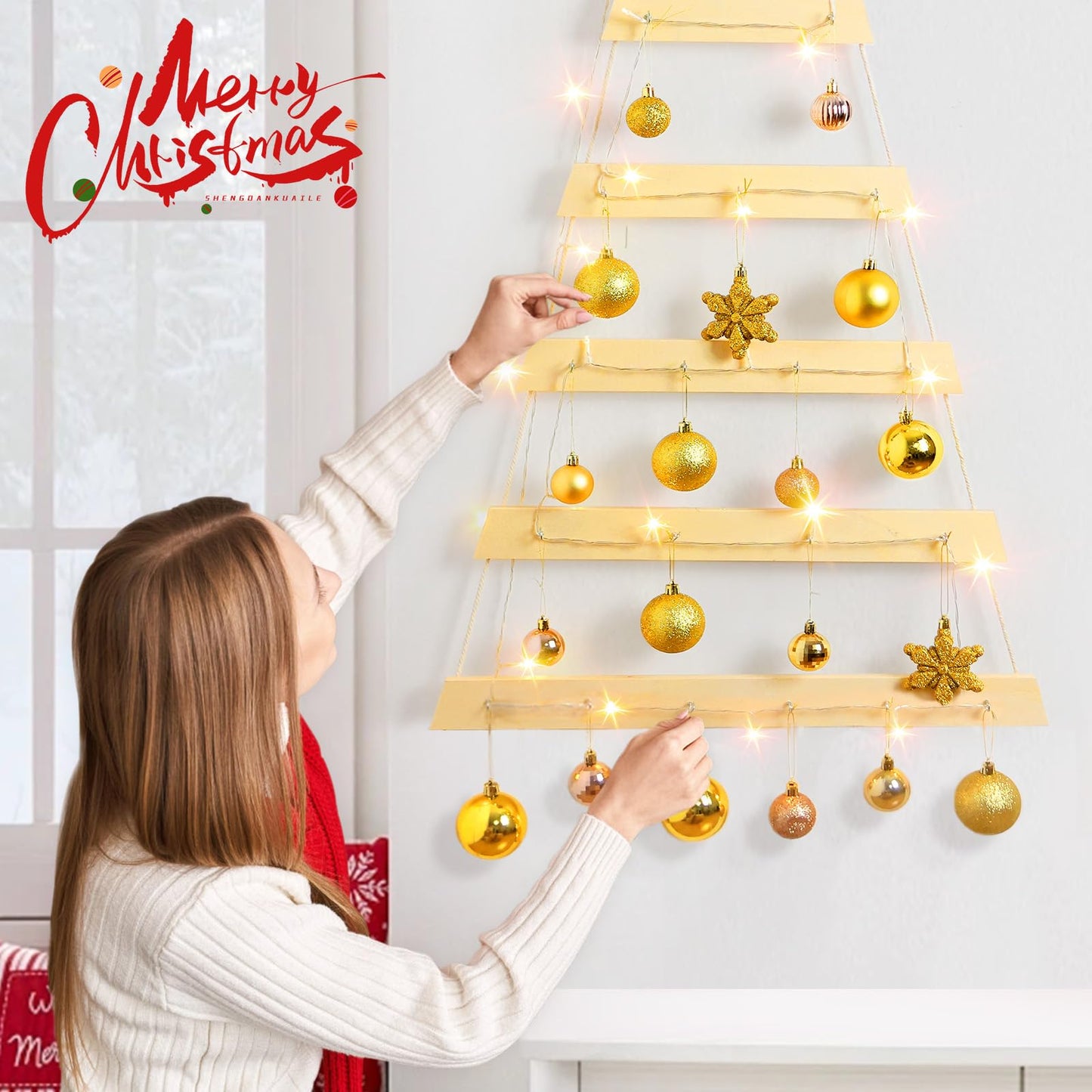 VAIPI 40 in Wall Hanging Christmas Tree with Lighted Christmas Wall Decor Wooden Flat Hanging Xmas Tree for Holiday 40'' x 20''