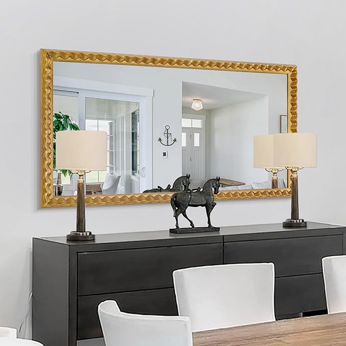 Large Gold Mirrors for Dining Room Decor, 51'' X 27'' Antique Gold Mirror with Textured Wavy Wood Frame, Rectangular Mirror for Living Room, Bathroom, Bedroom, Entryway