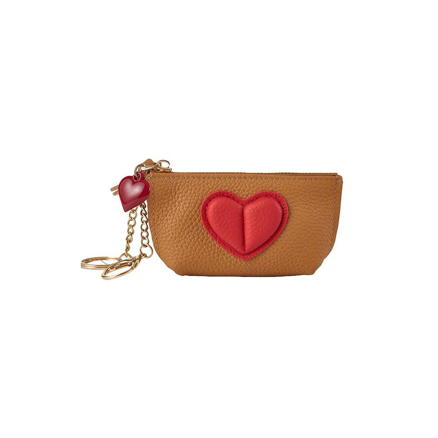 Red Heart Design Small Coin Purse - Cute Compact Keychain Change Purse Soft Leather Wallet with Zipper for Women (Brown)