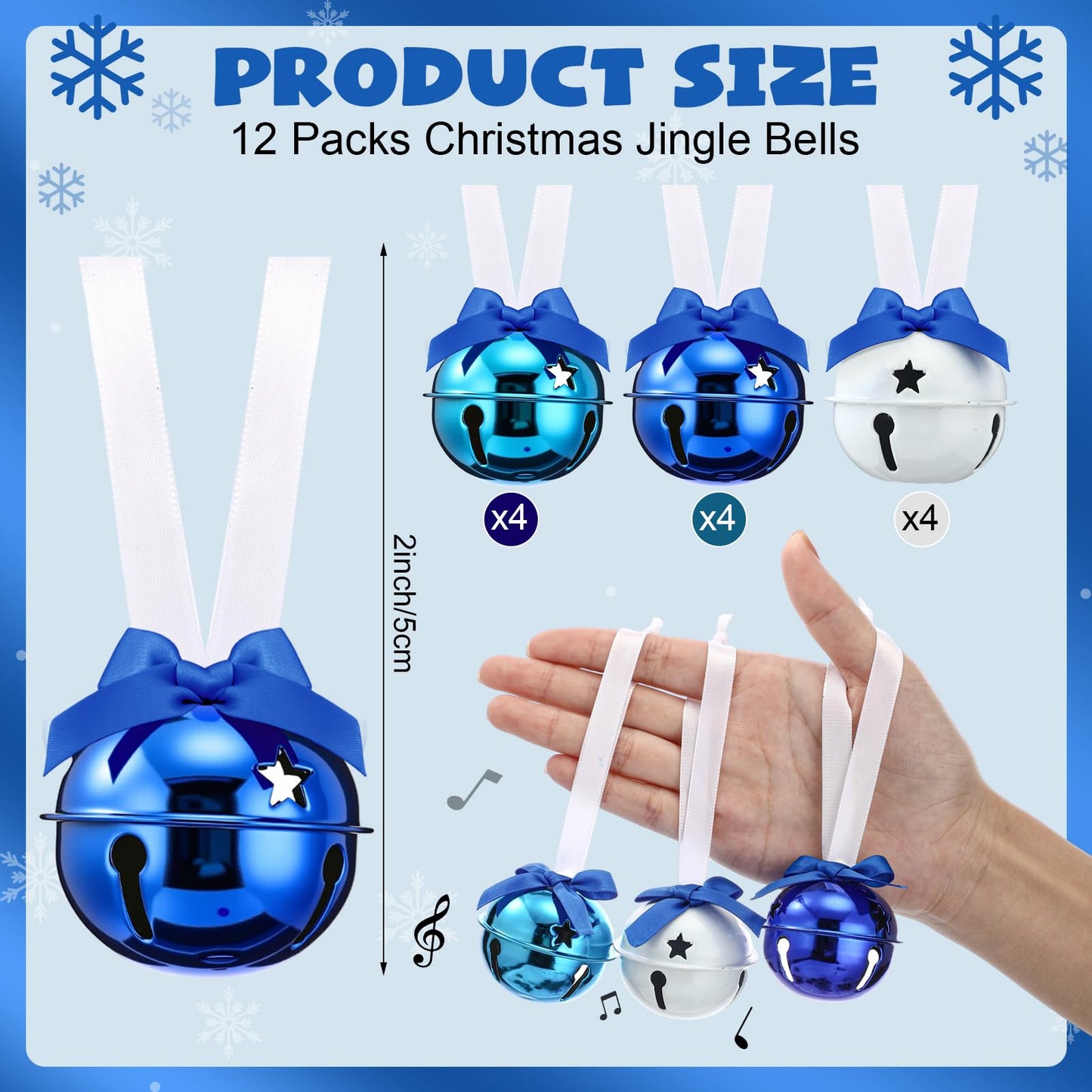 Jenaai 12 Sets Blue Christmas Jingle Bells with Ribbon 2 Inch Large Metal Cutout Craft Bells Blue Hanging Ornaments for Christmas Tree Xmas Decoration Crafts Party Favors Stocking Stuffers