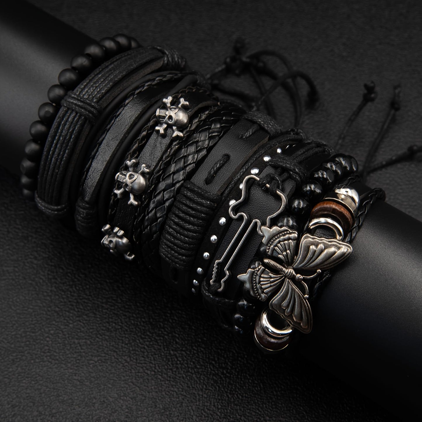 Aijewelop 10pcs/set Black Punk Style PU Leather Bracelet Set - Adjustable Cuff Wraps for Men & Women, Perfect for Casual Attire & Gifting