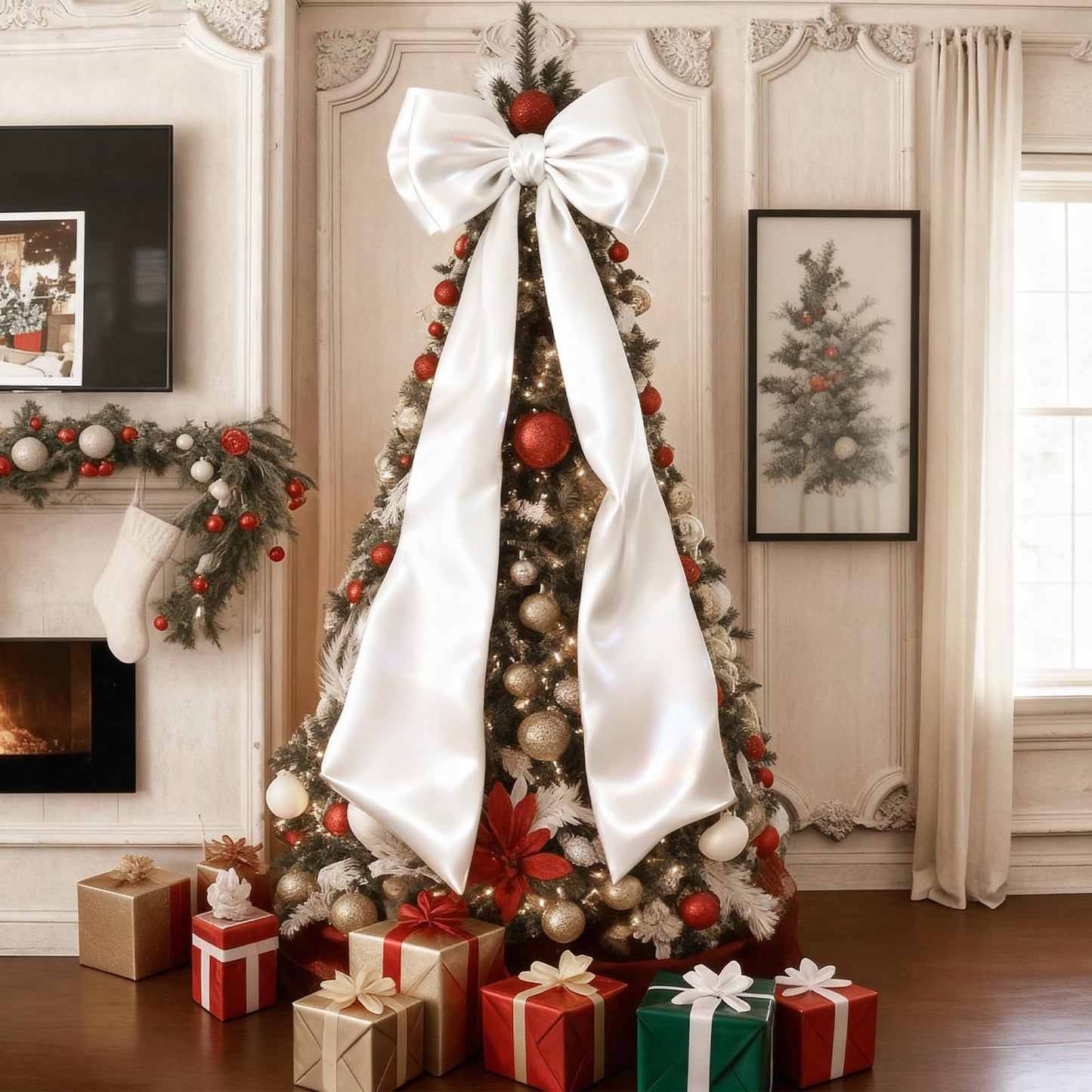 Froova Giant White Bow Decor 75x19 Inch Christmas Tree Topper Decoration Big Bows for Home Coquette Room Decor Room Wall Backdrop Ribbon Tie for Wedding Christmas Birthday Party Baby Shower Supplies