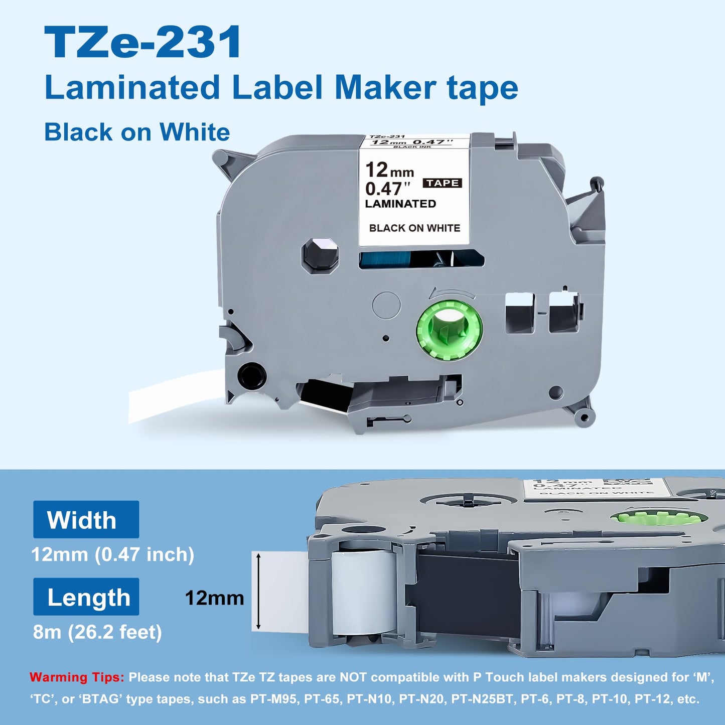 5-Pack TZe-231 Compatible with P Touch Label Maker Tape for TZe TZ Tape 12mm 0.47 Laminated White Refill Use with Ptouch PT-D220 D210 H110 D600 D410 D610BT,1/2 Inch x 26.3 ft