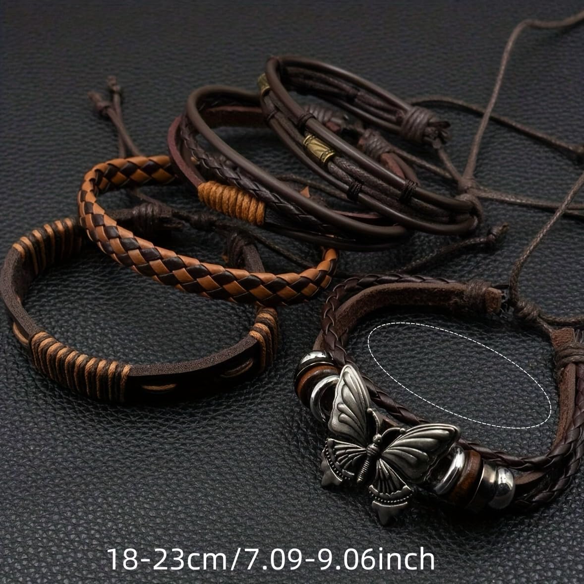 Aijewelop 10pcs/set PU Leather Butterfly Bracelet Punk Cuff Wrap Bracelets for Men Women Adjustable Brown Perfect for Daily Wear, Gift-Giving,
