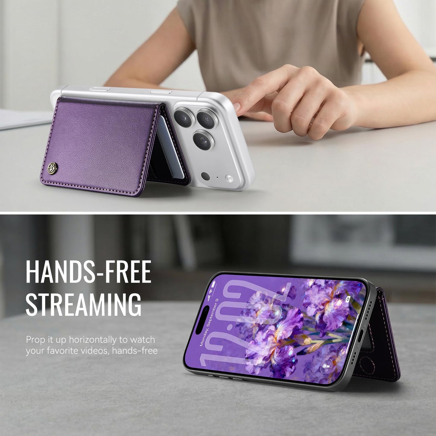 XIMAND Magnetic Wallet Card Holder with RFID Protection, PU Leather Slim Wallet, Strong Magnet Attachment for iPhone 18/17/16/15/14/13/12 Series Pro Max Plus Mini-Purple