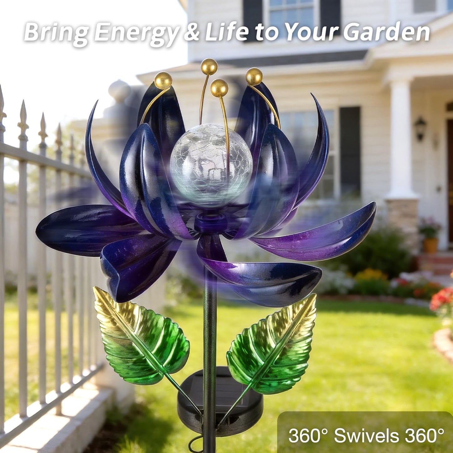 AIINY Solar Purple Metal Flower Wind Spinners, Colorful Spinning Windmill Lotus Yard Art Lights with LED Crystal Ball Decorative Stake Lighting Flower Sculpture