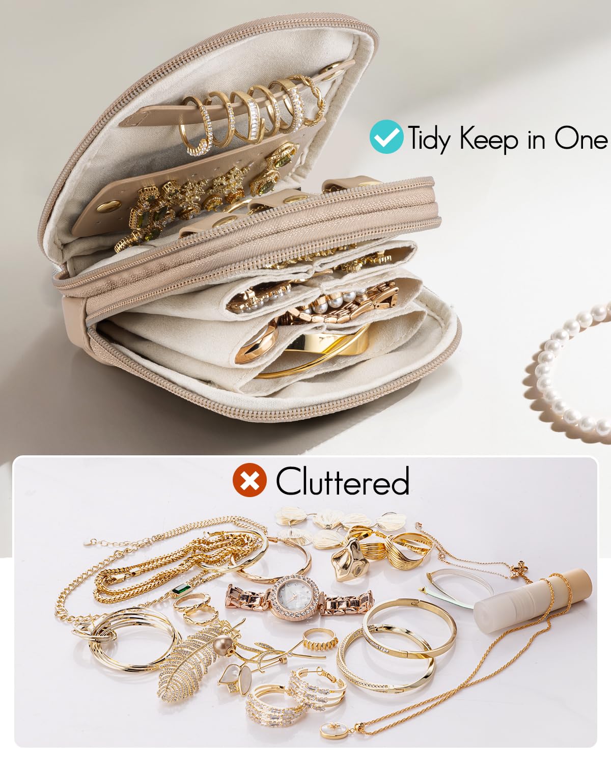 VLANDO Travel Jewelry Case,2-Layer Jewelry Organizer for Travel,Mothers Day Mom Gifts,Multi-Compartment Jewelry Storage for Rings Earrings Necklaces Bracelets-Toffee