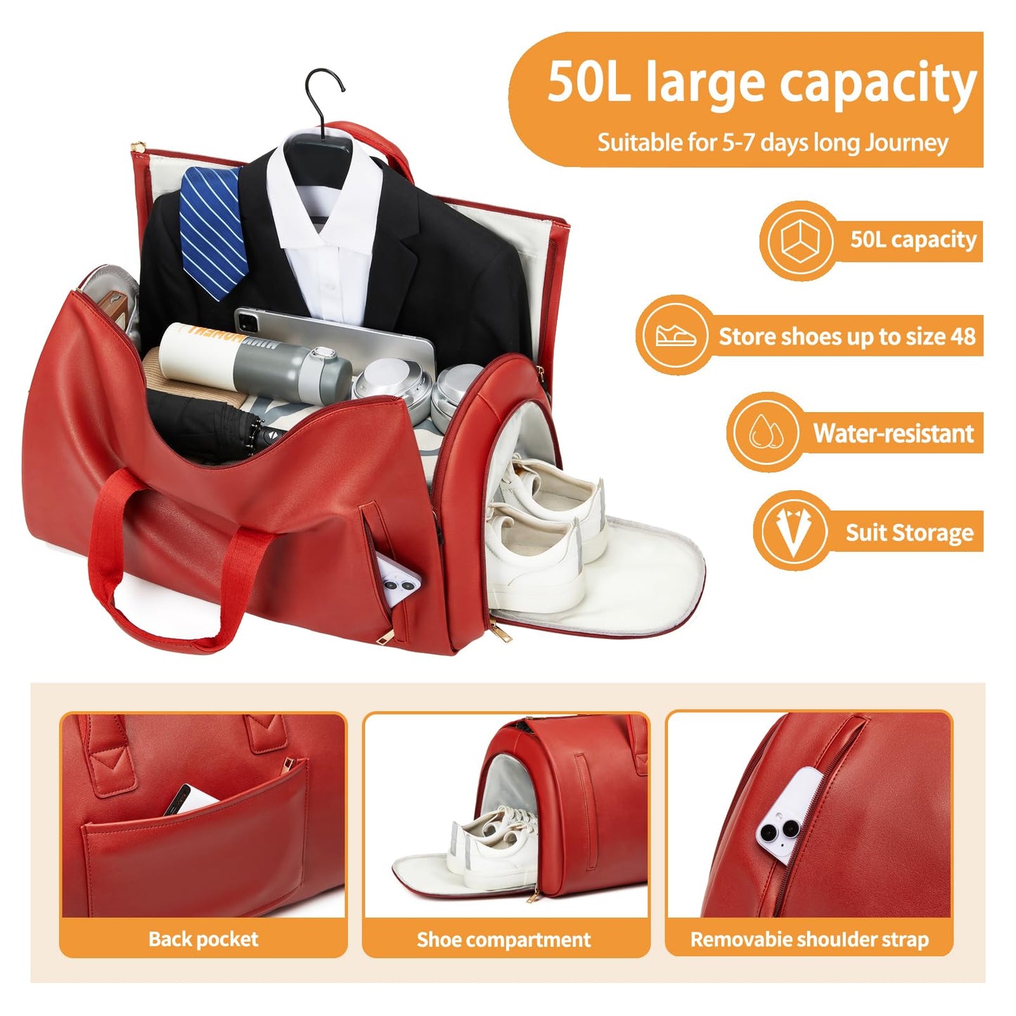 Leather Garment Bag Women, Carry on Garment Bag for Travel Convertible Garment Duffel Bag 2 in 1 Waterproof Foldable Travel Suit Bag Weekender Bag with Shoe Pouch