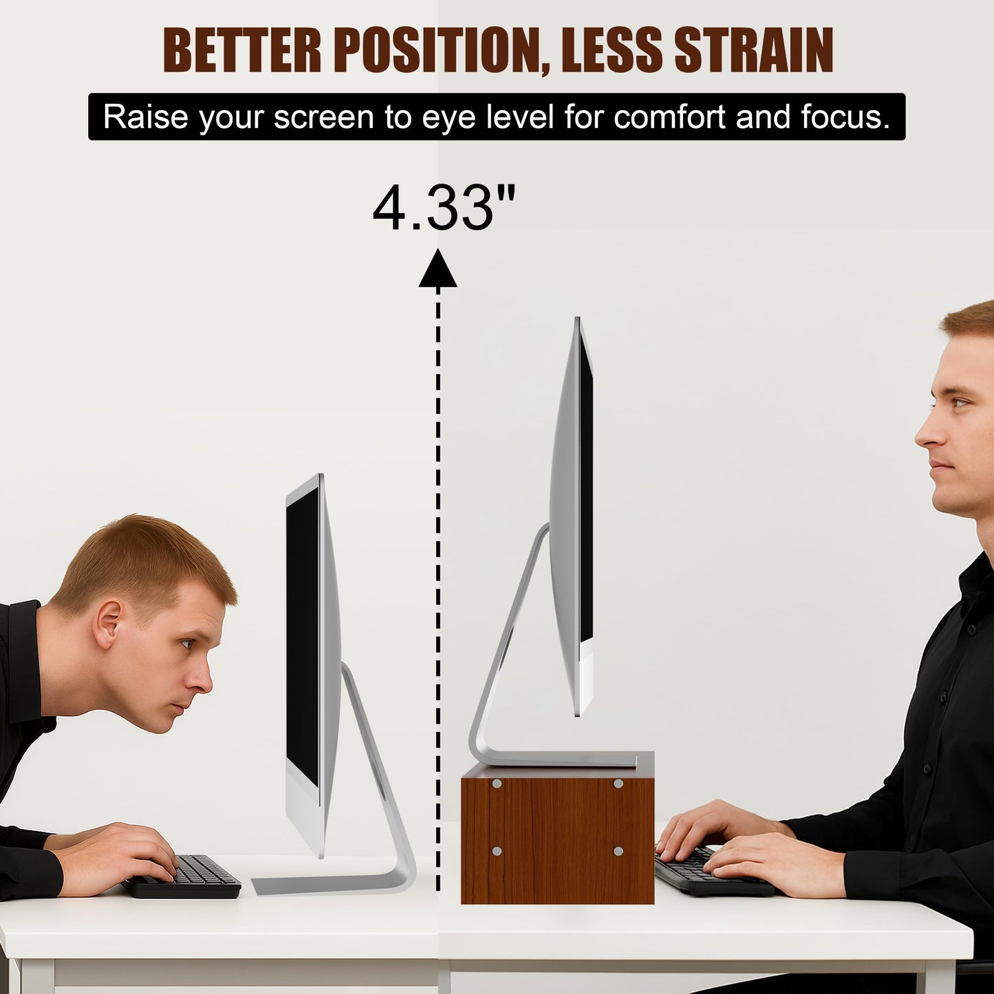 Qecamy Monitor Stand Riser with Storage, 2 Tier Desk Organizer & Desktop Wood Shelf, Ergonomic Computer Stand for Laptop, PC & Printer, 16" Small TV Riser with 50 lbs Weight Capacity, Walnut Brown