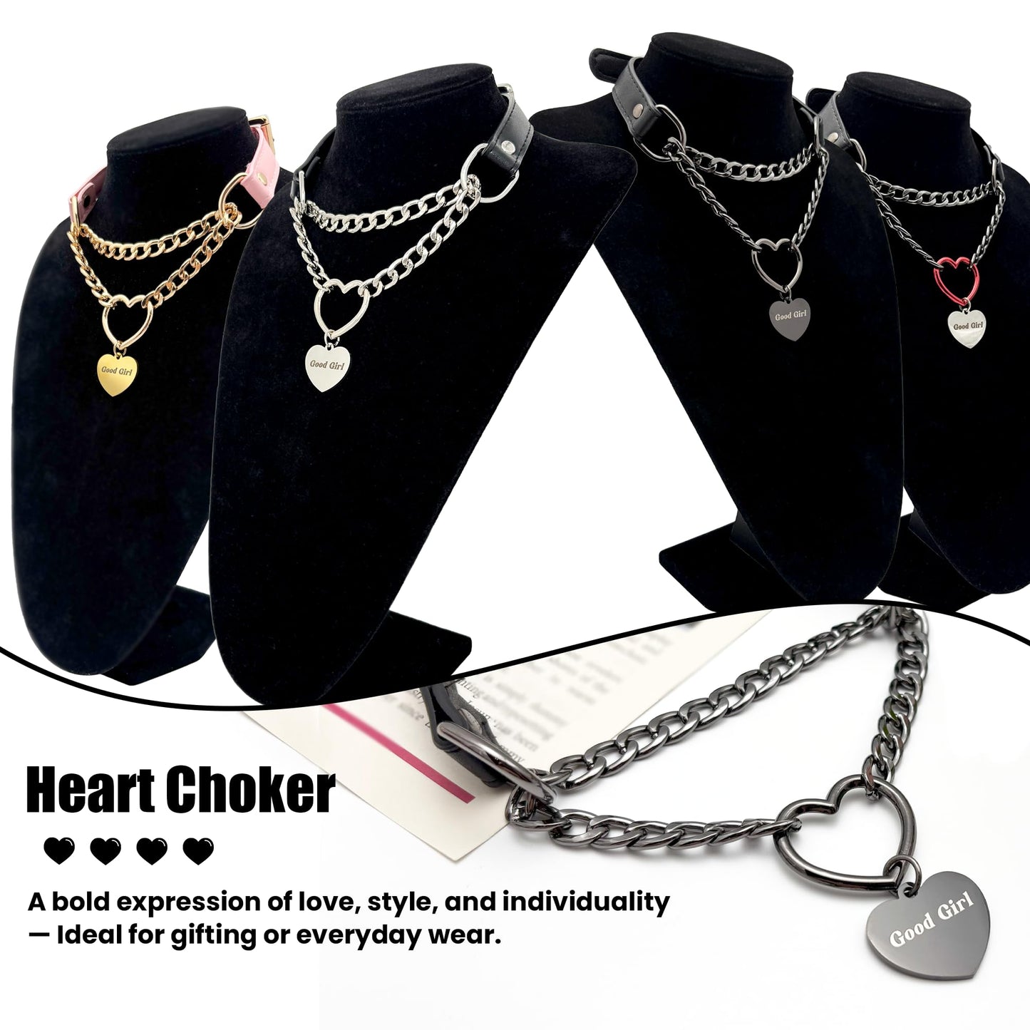 paloli Leather Slip Chain Choker – Adjustable PU Vegan Collar With Heart Ring & Cuban Chain, Letter Heart Pendant Necklace for Women