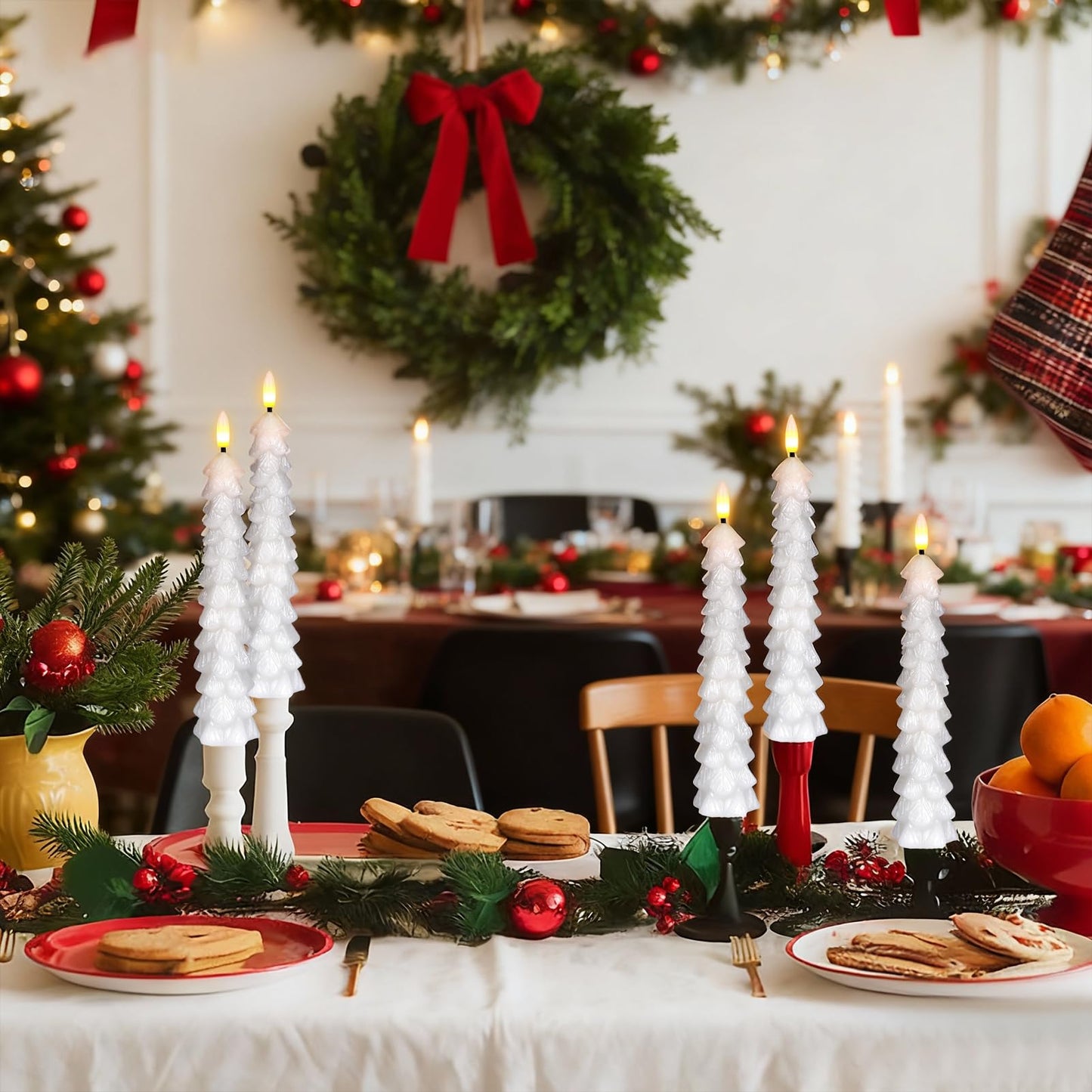 Lasumora Christmas Tree Candles with Remote Timer, 4 Pcs Waxy Flameless Taper Candles Flickering, Battery Operated LED Candlesticks with 3D Flame Wick, White Window Candle for Christmas Decorations