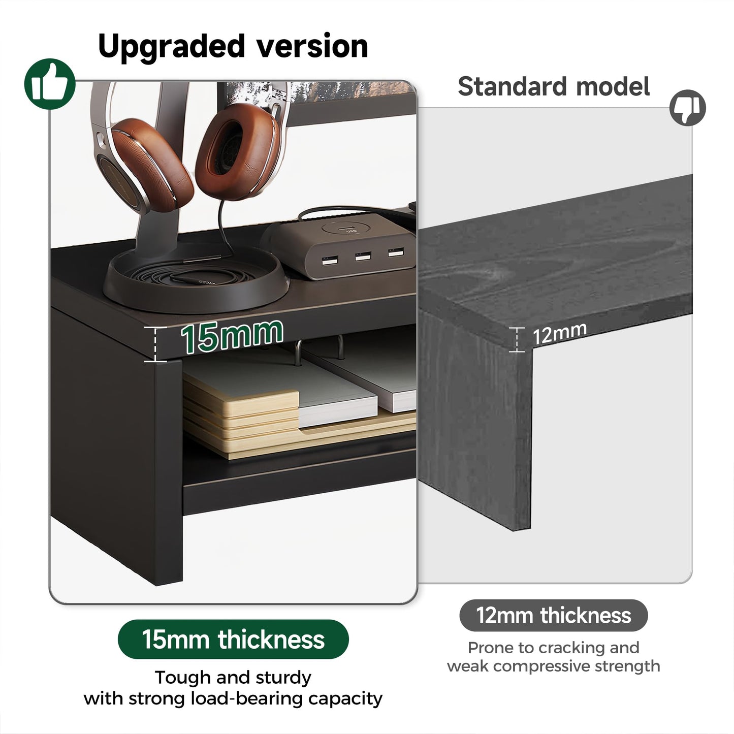 vie poetique Wooden Monitor Stand Riser, 2-Tier Desk Shelf with Storage Organizer, Ergonomic Computer Stand, Storage Organizer for Laptop, Computer, Black, 15.7 Inch