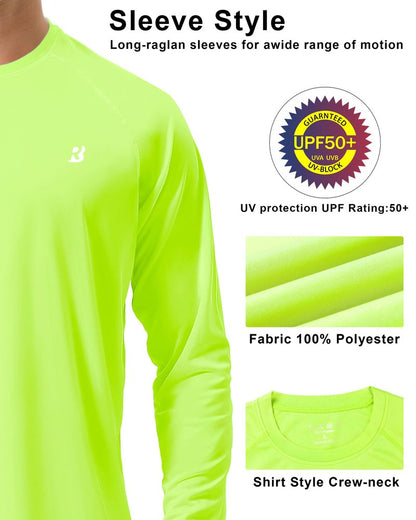 Roadbox Mens UPF 50+ Long Sleeve SPF Diving Rash Guard UV Sun Protection Shirts for Outdoor Fishing Hiking Swimming Running Neon Green