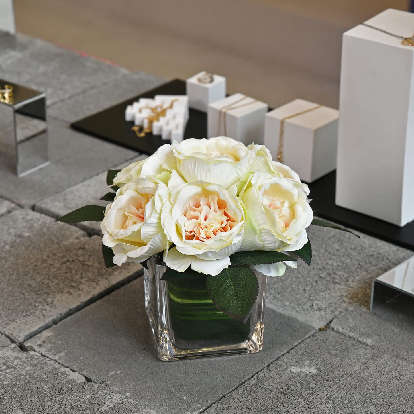 GreenHouzz Artificial Peony Silk Flower Centerpieces Faux Floral Arrangement in Glass Vase for Home Wedding Table Decoration (Champagne)