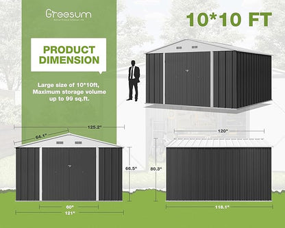 Greesum 10x10FT Outdoor Storage Shed, Utility Tool Shed Metal Storage Garden Shed with Door & Lock for Patio Storage, Gray