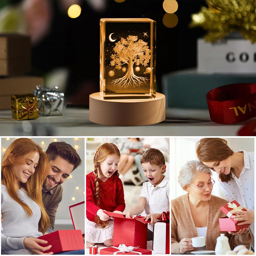 Tree of Life Gifts with Wooden Led Base, 3D Crystal Ball Tree of Life Figurine Night Light Lamp Gifts for Women Wife Girlfriend Couple Her Gift,Graduation Day,Birthday Gift for Kids, Bedroom Decor