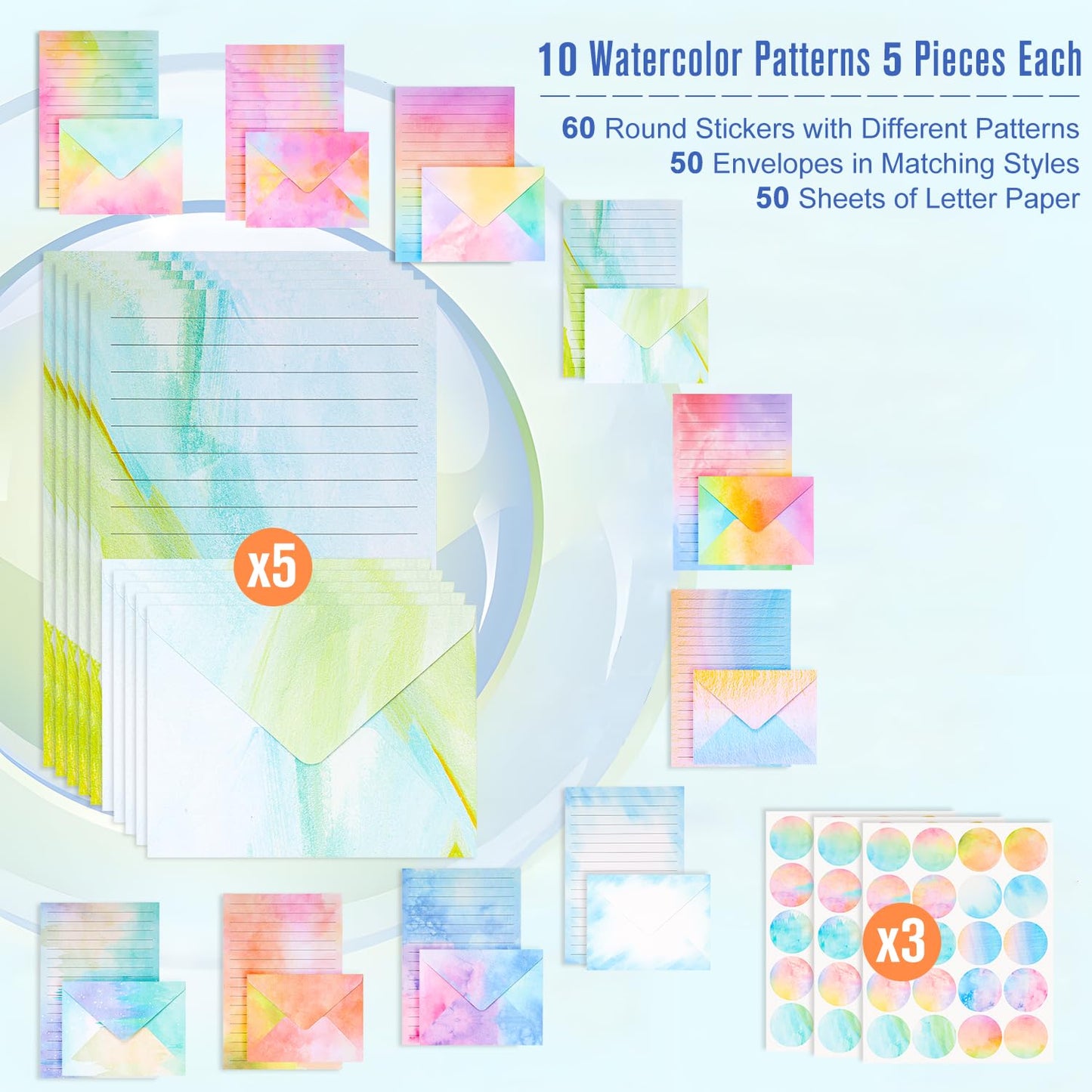 160 Packs Stationery Paper and Envelopes Set, 50 Lined Letter Writing Paper with 50 Matching Envelopes and 60 Round Sticker, 5.5" X 8.25" Cute Stationary Paper Kit with 10 Watercolor Design