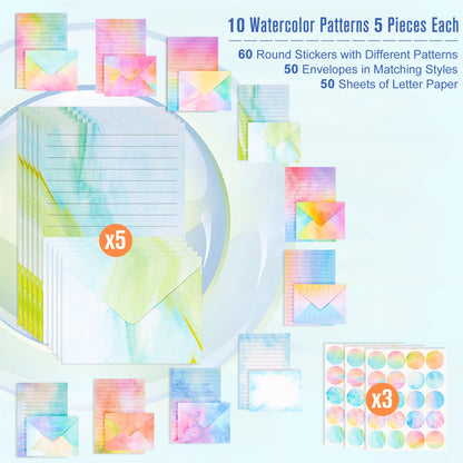 160 Packs Stationery Paper and Envelopes Set, 50 Lined Letter Writing Paper with 50 Matching Envelopes and 60 Round Sticker, 5.5" X 8.25" Cute Stationary Paper Kit with 10 Watercolor Design