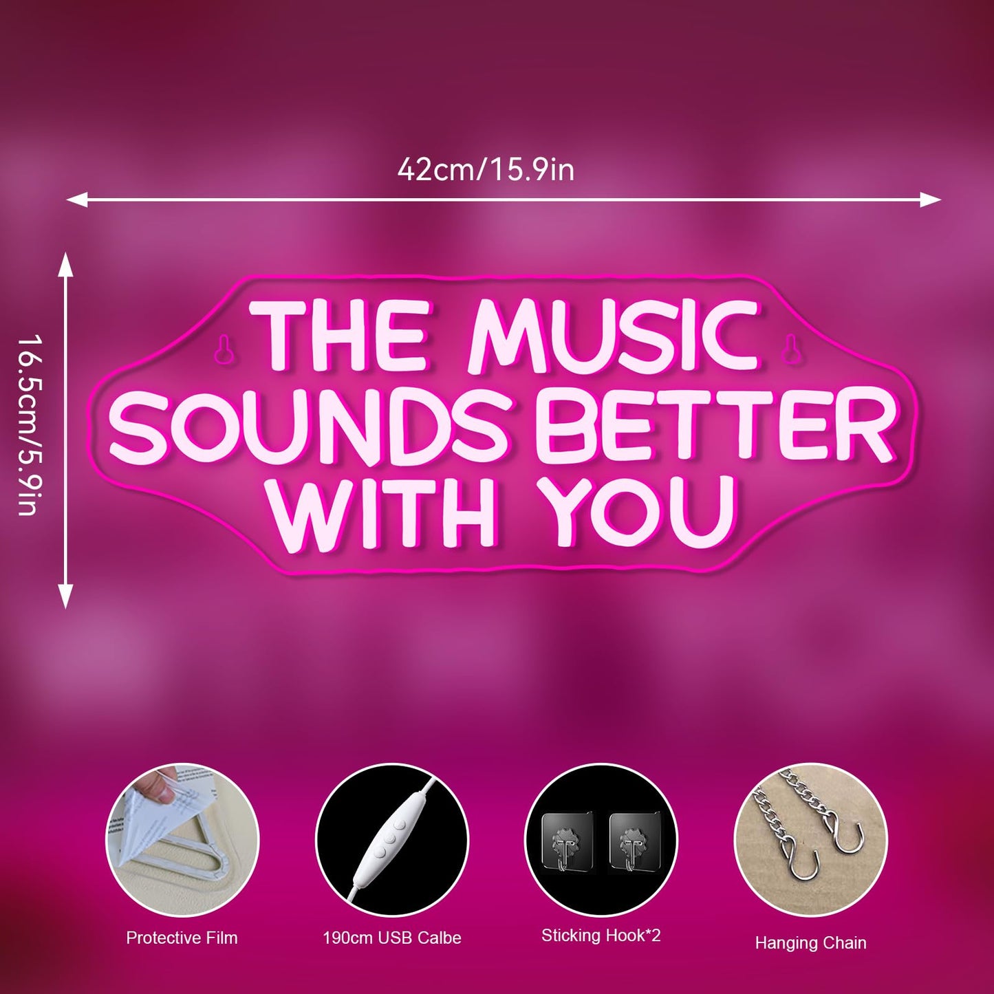NOSUN The Music Sounds Better with You Neon Sign Romance Neon Signs for Wall Decor Led Neon Sign Aesthetic Room Decor for Teen Girls Neon Lights Signs for Bedroom Salon Party Pink Light