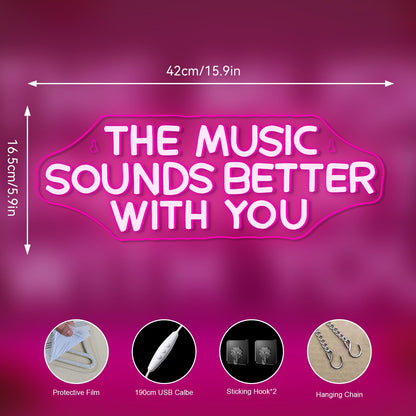 NOSUN The Music Sounds Better with You Neon Sign Romance Neon Signs for Wall Decor Led Neon Sign Aesthetic Room Decor for Teen Girls Neon Lights Signs for Bedroom Salon Party Pink Light