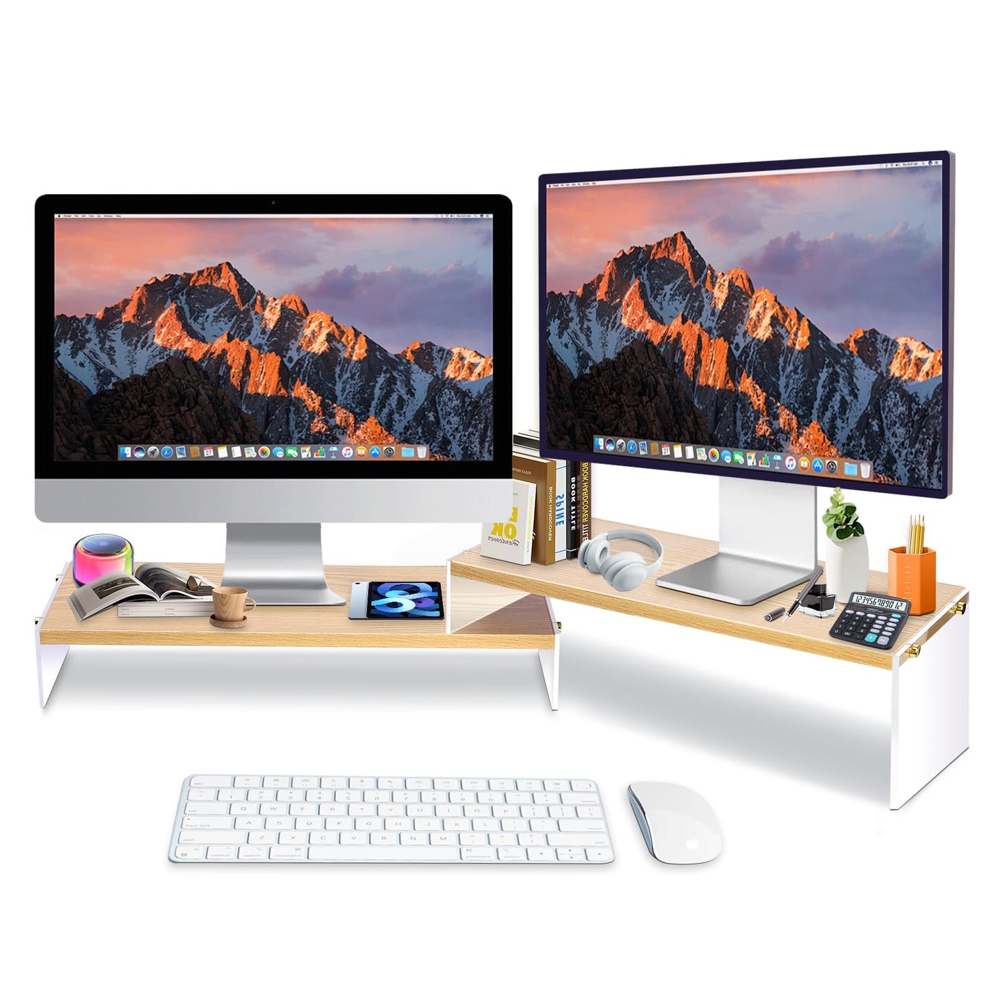 YGYQZ Adjustable Monitor Stand Riser with Acrylic Legs丨7.67" Wide Dual Monitor Stand for Desk丨2-Tier Wood Desktop Organizer for Computer, Laptop, Printer & PC丨Modern Aesthetic Desk Shelf(wood-flat)