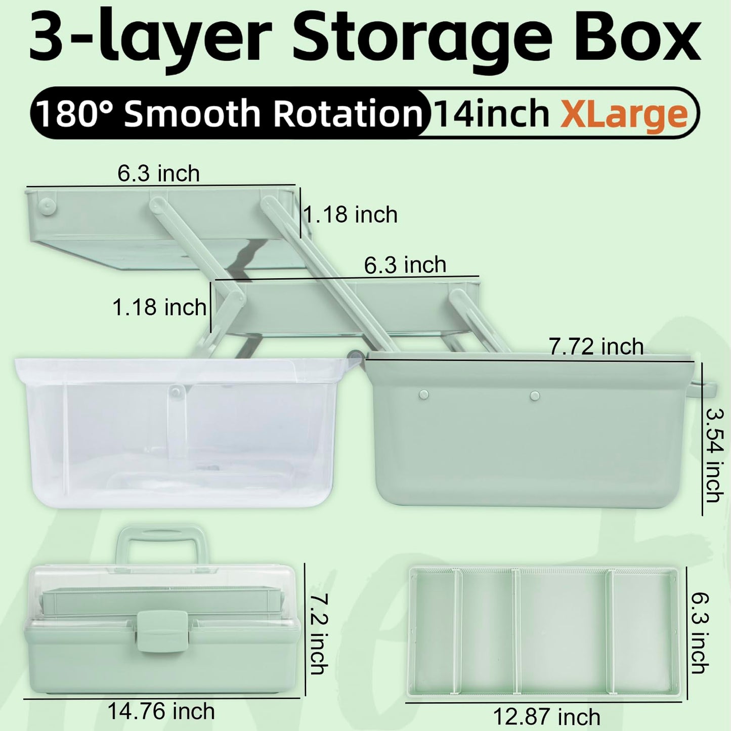 TERGOO 14in 3-Layer Multipurpose Craft Organizers and Storage with Adjustable Dividers, Portable Tackle Box, Folding Art & Craft Case for Medicine, Tool, Sewing Organizer (Haze Green, X-Large)