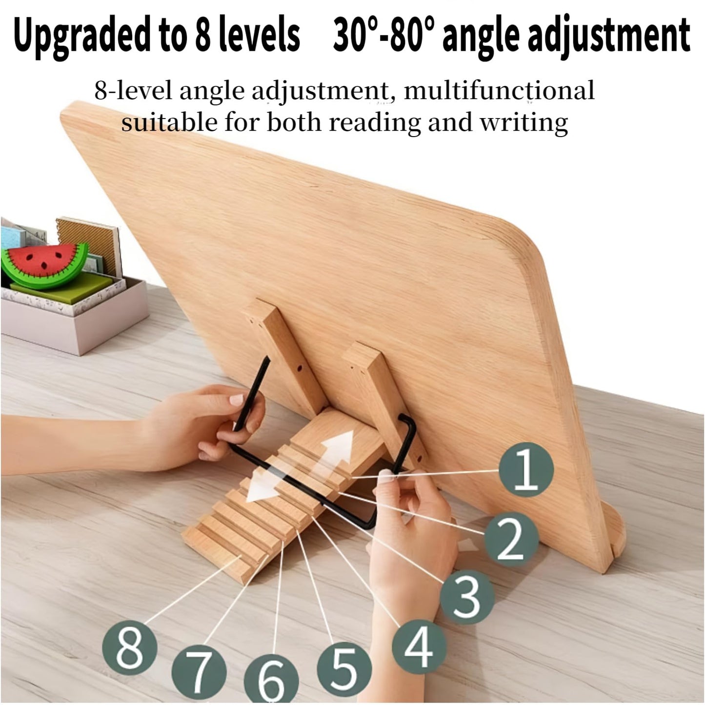 Reading Rack Wooden Bookshelf - Book Stand Foldable with 8 Adjustable Positions and Page Clips,Suitable for cookbooks、iPads、laptops、Sheet Music、and Reading Stands (15x11.4inch)