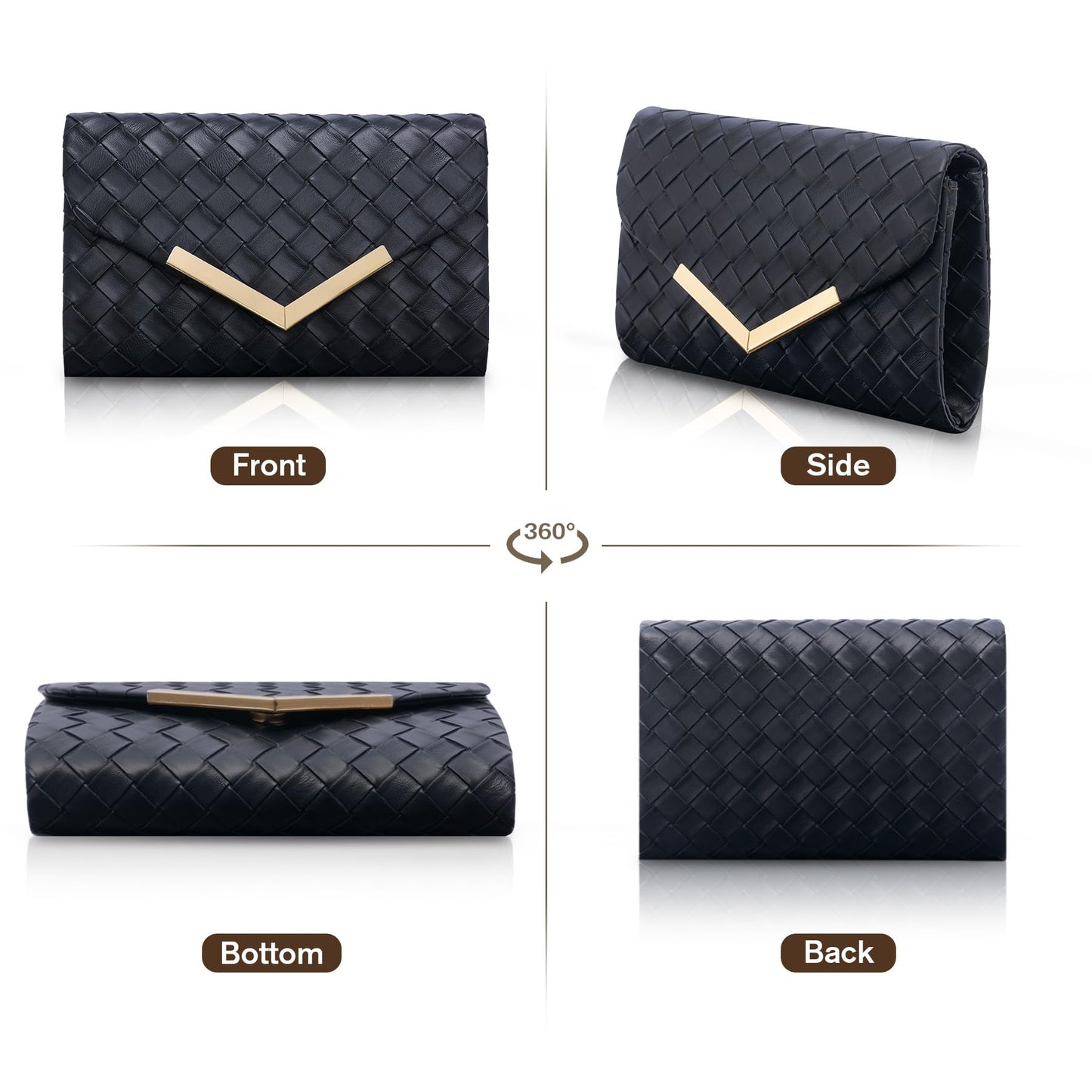 Larcenciel Clutch Purse for Women, Woven Black Leather Evening Bag w/Chain Strap, Formal Envelope Clutch Handbag, Elegant Crossbody Shoulder Party Bags for Wedding, Prom, Cocktail Night, Date, Dinner