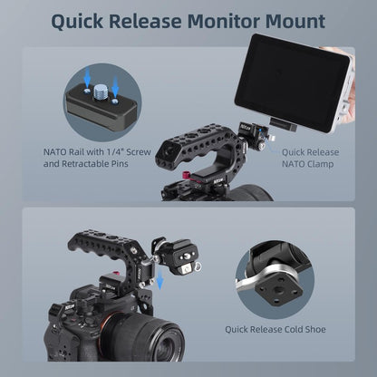 Nitze Quick Release Camera Monitor Mount (NATO Rail with 1/4” Screw and Retractable Pins to Cold Shoe), Field Monitor Mount with Adjustable NATO Clamp, 170° Tilt and 360° Pan - N54-S1