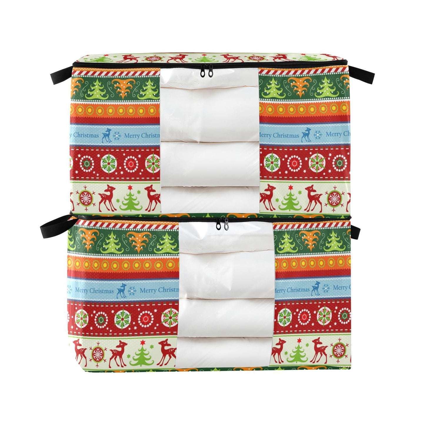 Christmas Clothes Storage Bag Foldable Storage Bin with Handle Zipper Clear Window Closet Organizer for Bedding Blankets 60L