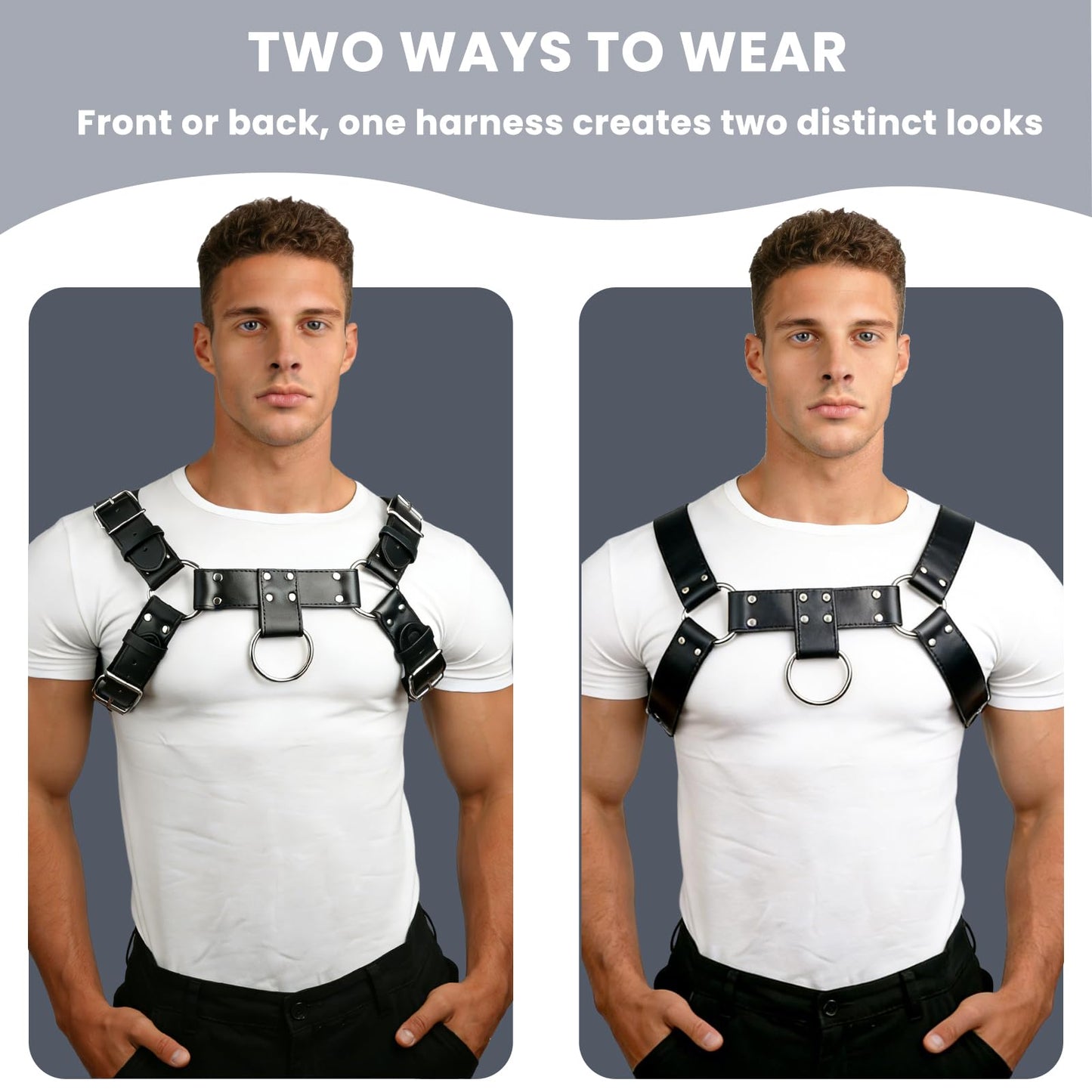 Mens PU Leather Chest Harness Costume Cosplay Top, Adjustable Body Harness Shoulder Straps Male Punk Fashion Steatement Rave Outfit for Music Festival Party Halloween Cosplay D88 (Black)