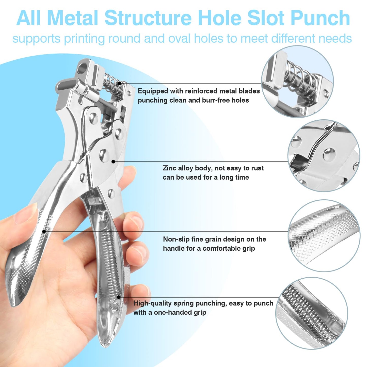 CAETOUNG 2 in 1 Badge Slot Hole Punch for ID Cards, Heavy Duty Hand Punch Metal Hole Puncher for PVC Material, Business Cards, Paper and Cardstock (5mm Round Hole &13mm X 3mm Slot Hole, Silver)