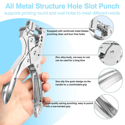 CAETOUNG 2 in 1 Badge Slot Hole Punch for ID Cards, Heavy Duty Hand Punch Metal Hole Puncher for PVC Material, Business Cards, Paper and Cardstock (5mm Round Hole &13mm X 3mm Slot Hole, Silver)
