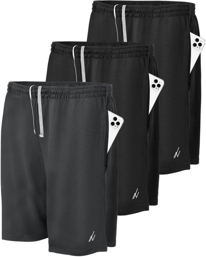 NY Threads 3 Pack Men's Athletic Shorts Quick Dry Lightweight Workout Running Gym Shorts with Pockets, Large, Black/Black/Dark Grey