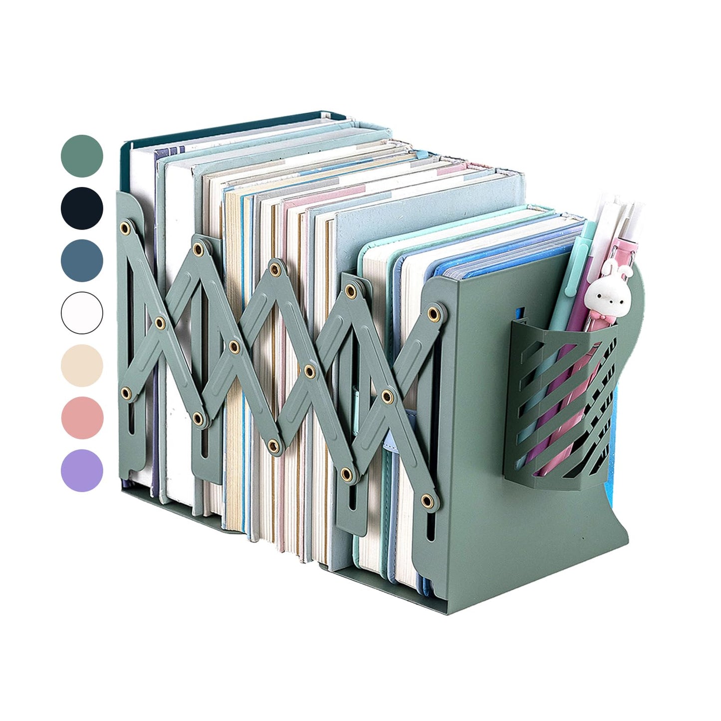 Kingsmile Book Ends, Adjustable Bookends for Shelves, Metal Bookends for Heavy Books, Book Stopper Organzier with Pen Holder for Desk, Kids Room, Office, Classroom, Library, Study Room.(Green)