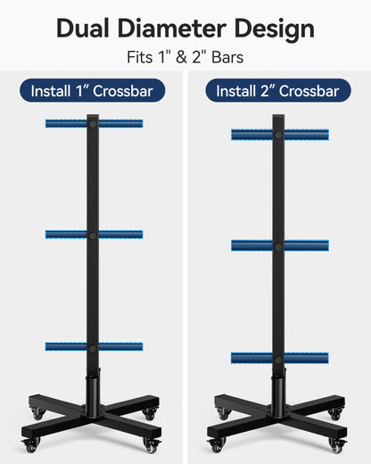 Movable Olympic Weight Plate Tree with 6 Metal Pegs, Fits 1" & 2" Weight Plates, Heavy Duty Storage Rack with Barbell Holders for Home & Garage Gym