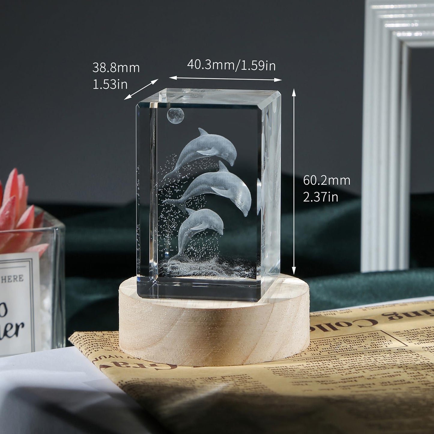 YouerCrystal 3D Crystal Dolphin Figurine Night Light with LED Base, Birthday Gift for Kids Women, Thanksgiving Christmas Valentines Anniversary Birthday Gifts