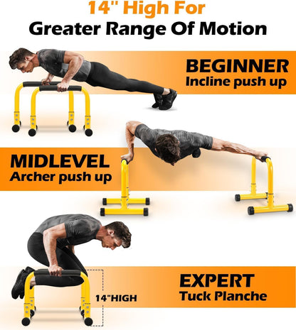 TABEKE Push Up Bar, 14'' High Steel Parallettes & Dip Bar with Full Coverage Foam Handle, Heavy-Duty Calisthenics Parallel Bars for L-Sit, Dips, Home Gym Strength Training Workout (Yellow)