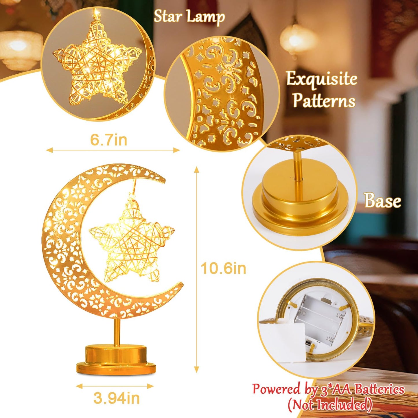 Lifnatty Moon Lamp with Hanging Star, Decorative Crescent Moon Night Light Battery Powered, Retro Metal LED Table Lamp for Bedroom Living Room Boho Home Decor, Gift for Women Birthday Christmas