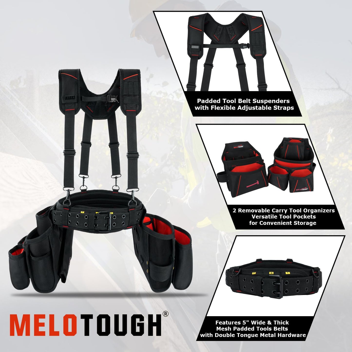 MELOTOUGH Tool Belt with Suspenders Electrician Tool Bag Suspenders Framers Combo Apron Tool Belt Construction Tool Pouch Suspenders Heavy Duty Carpenter Suspension Rig(RED)