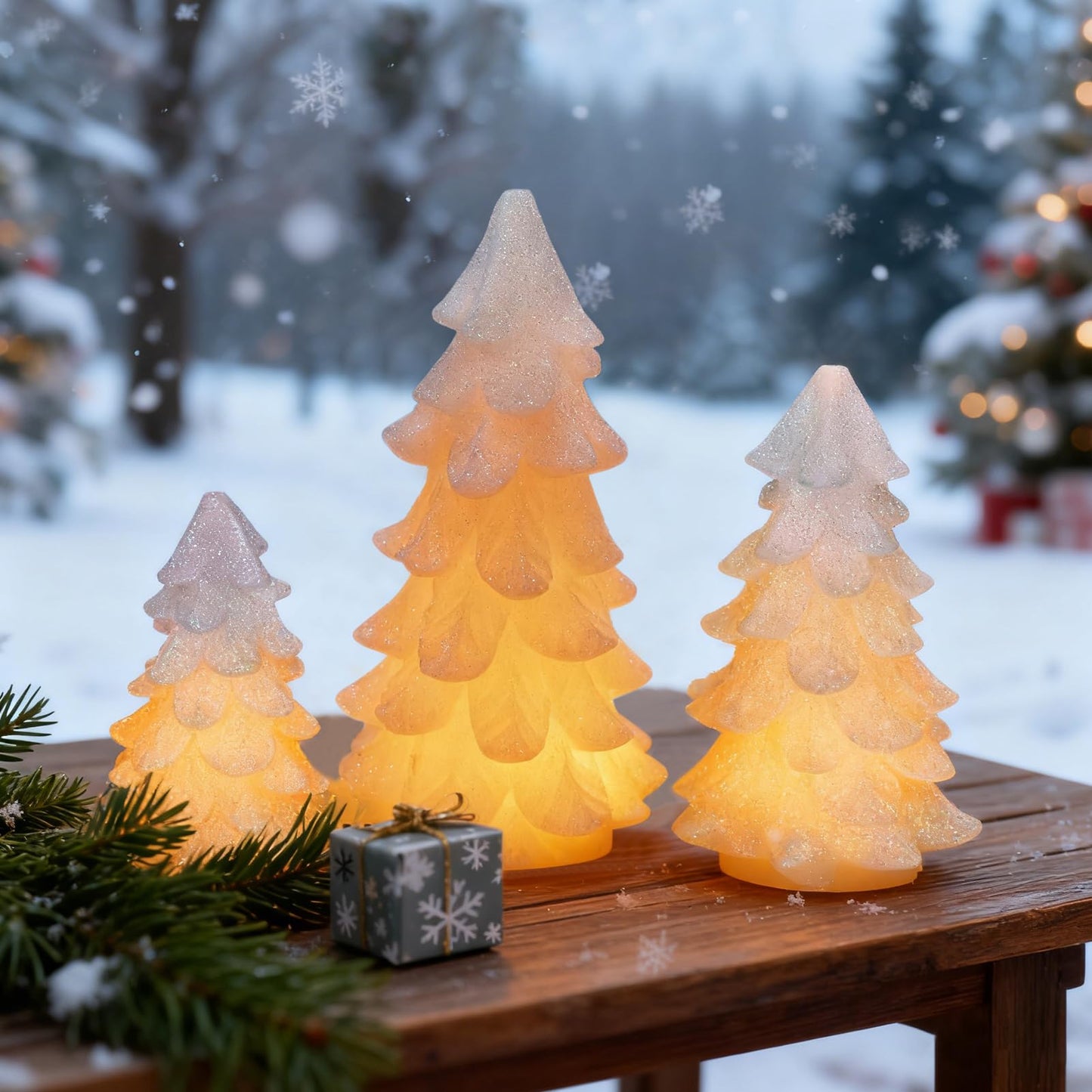 CHUANGLI 3 Pcs Glittering White Christmas Tree Shaped Candle Flickering Flameless LED Candles with Remote, Real Wax Battery Operated Candle for Christmas Home Party Decoration and Gift