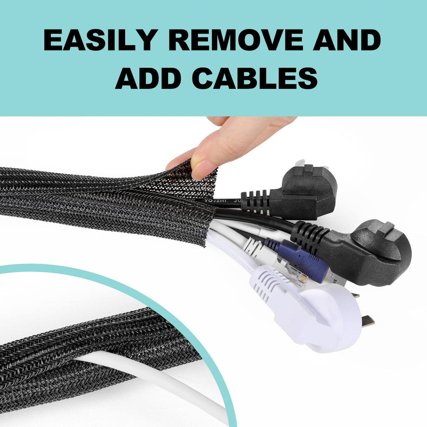 AGPTEK Cable Sleeve, 2 Pack 5ft - 1.2 Inch Cable Management, Desk Cord Cover Organizer Wire Hider for Home Office Computer TV Wire Loom Tubing, Pet Proof Cord Protector from Cat Dog Chewing, Black
