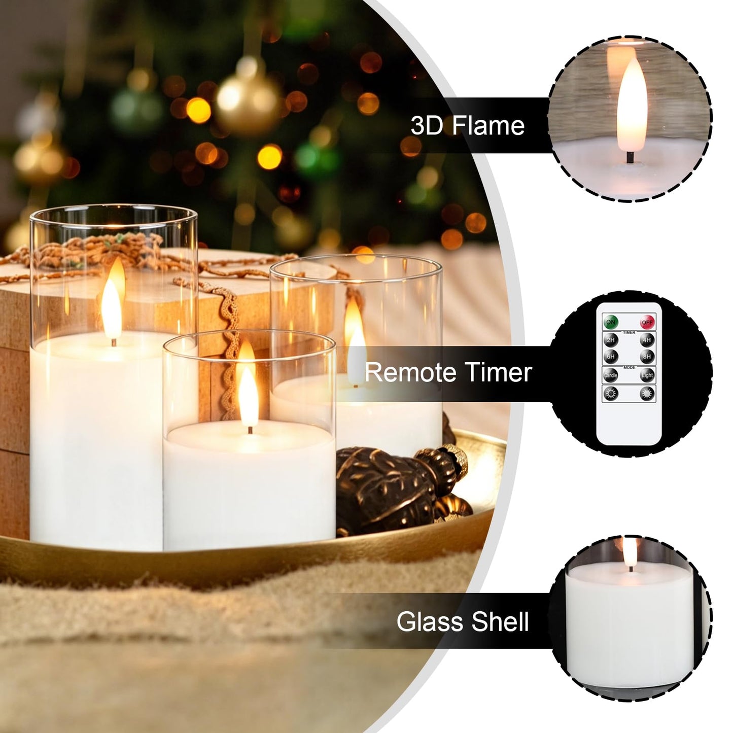 GenSwin Rechargeable Flameless Candles with Remote Timer, Clear LED Battery Operated Candles with Flickering Flame, Glass and Real Wax Pillar Candle Holiday Home Decor(Set of 3, D3”xH4”5”6”)