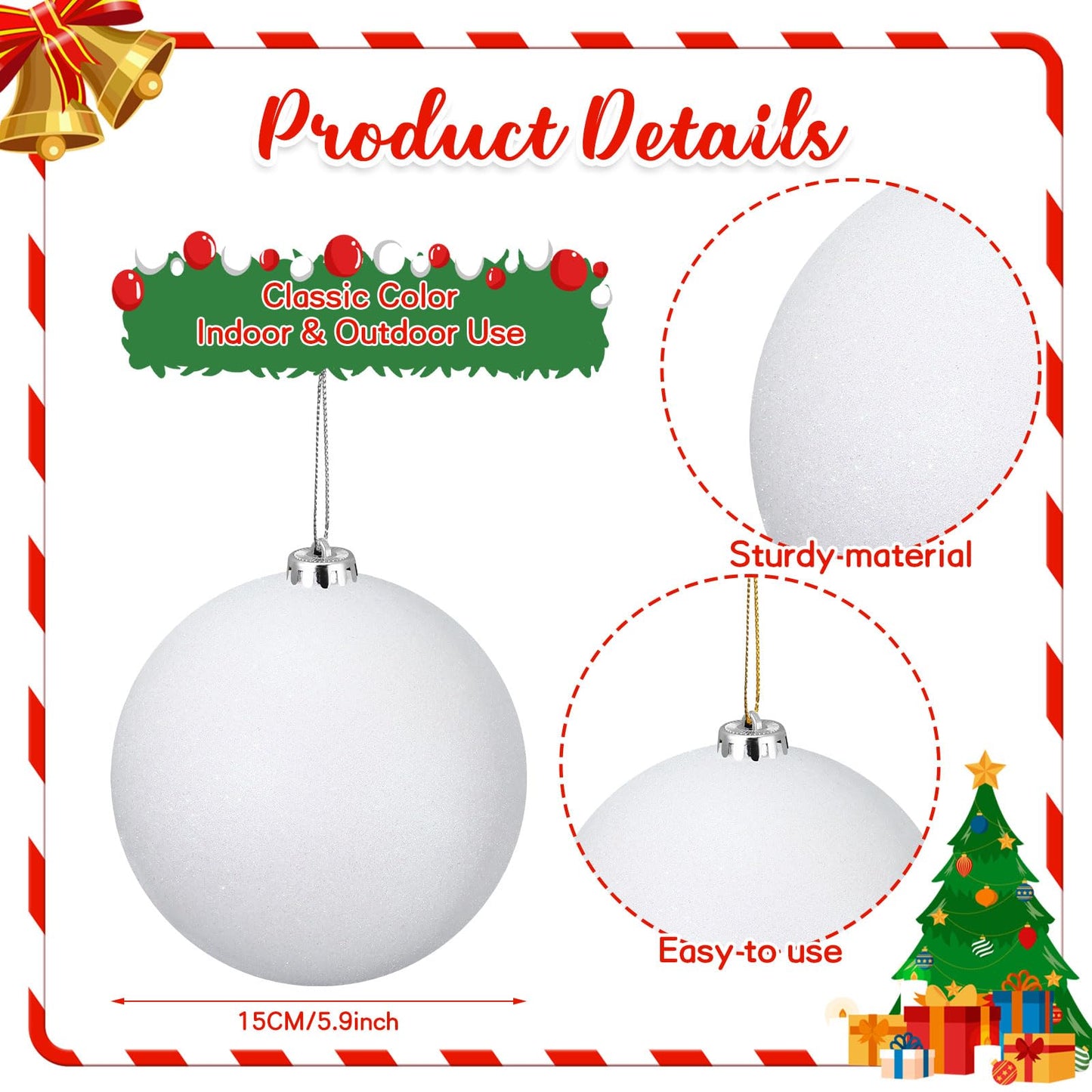 Liliful 4 Pcs Large Outdoor Christmas Ornaments Plastic Jumbo Fillable Balls Ornament Big Xmas Tree Hanging Decoration for Home Outside Holiday Lawn Yard Party (Glitter White)
