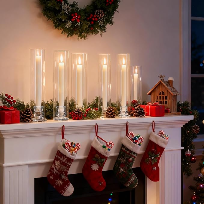 24 Set Hurricane Glass Candlestick Holders 12.6" Two Side Open Glass Candle Holders and 2.2" Taper Candlesticks Holder Bulk for Table Centerpiece Wedding Christmas Home Decor