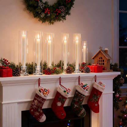 24 Set Hurricane Glass Candlestick Holders 12.6" Two Side Open Glass Candle Holders and 2.2" Taper Candlesticks Holder Bulk for Table Centerpiece Wedding Christmas Home Decor