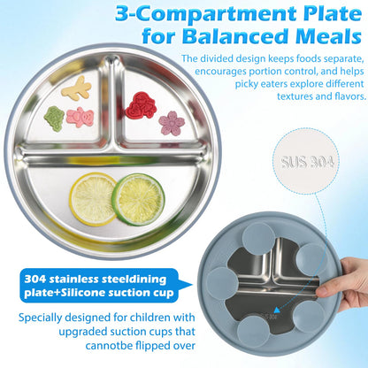 Silicone Feeding Set,Stainless Steel Suction Plate,Baby Utensil Set.Include a Spoon,a Fork, a Plate,a Stainless Steel Kids Bowl.
