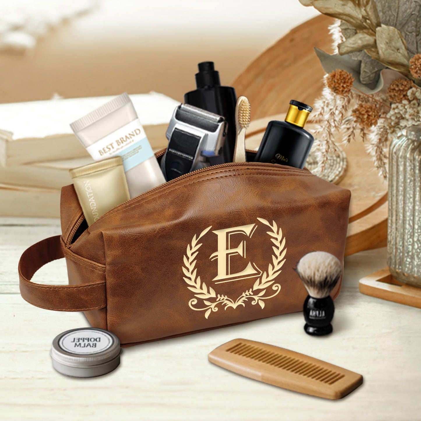 Engraved Letter Toiletry Bag Leather Waterproof Travel Kit, Personalized Gifts for Dad Husband Boyfriend - DarkBrown(E)