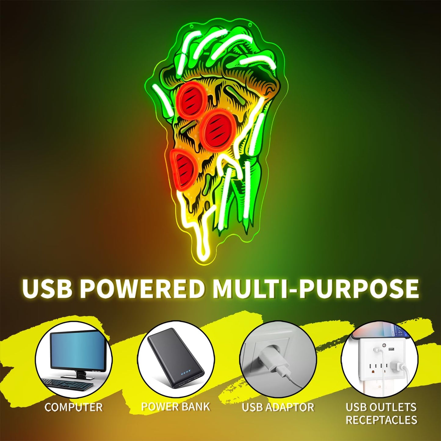 Pizza Neon Sign for Wall Decor Dimmable Pizza LED Neon Light USB Powered LED Wall Art for Kitchen, Dining Room, Bar, Man Cave, Unique Home Decor and Gift for Pizza Lovers