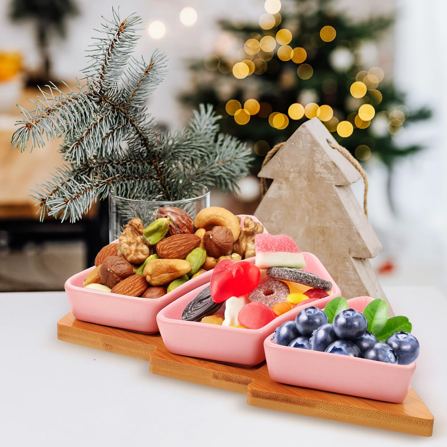 DOITOOL Christmas Tree Ceramic Dish with Wooden Tree Tray, 10.39 in Christmas Tree Shape Serving Tray Platter Set, Festive Tableware for Candy Snacks Fruit Cookie, Holiday Party Supplies (Pink)